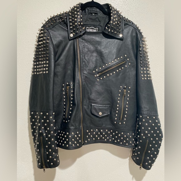 Genuine leather Black Studded Leather punk biker Jacket - Picture 15 of 17